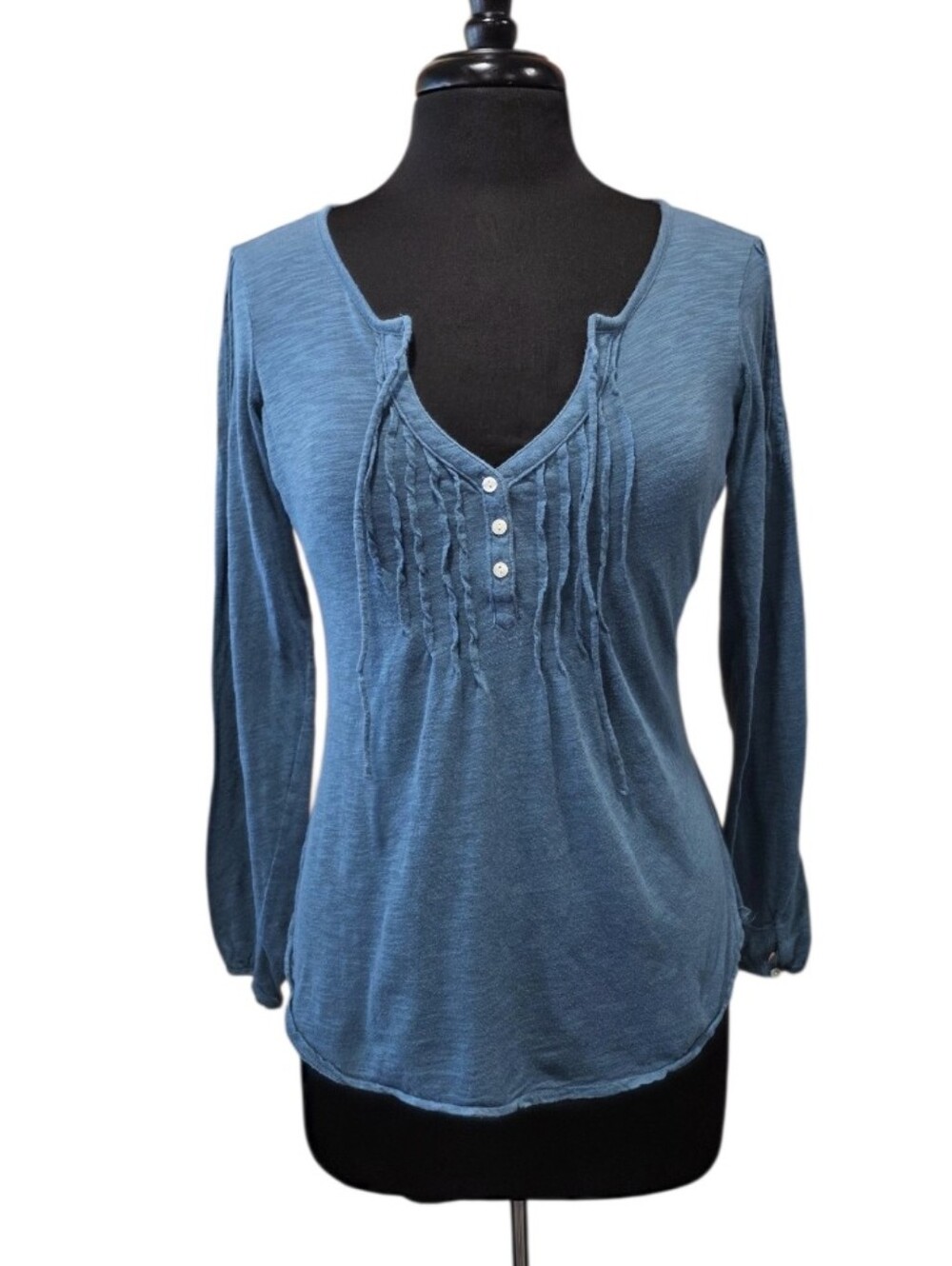 Lucky Brand Y2K Bella Blue Long Sleeve Henley Pintuck Cotton & Modal
